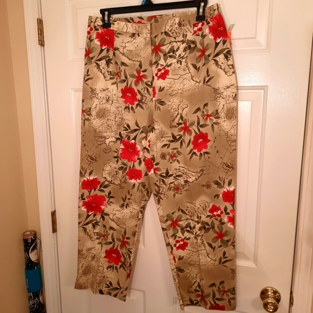 Eric Spencer floral pants sz. 18 W NEW WITH TAGS tan red hook closure